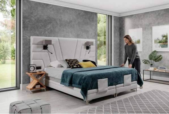 Postel Postele Manželská postel Ložnice Kůže Polštář Textil Hotel + Lampy
