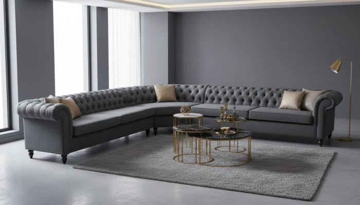 Ecksofa Sofa Design Chesterfield Couch Textil Stoff Wohnlandschaft Garnituren