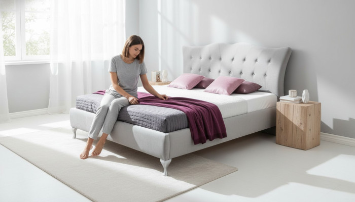 Postel, textil, 2x noční stolek, 3dílný ložnicový set, moderní luxusní nábytek, nové postele.