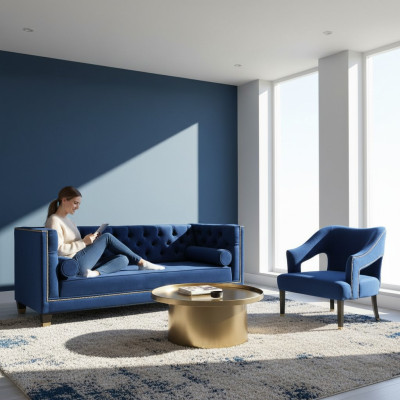 Luxus blaue Chesterfield Couchgarnitur Sessel + Dreisitzer 3+1+1 Set
