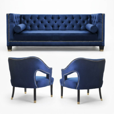 Luxus blaue Chesterfield Couchgarnitur Sessel + Dreisitzer 3+1+1 Set