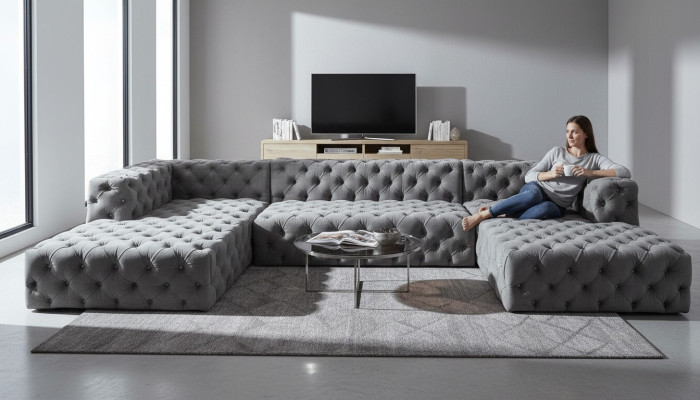 Chesterfield U tvar pohovka šedá XXL velká textil látka sedačky luxusní nábytek čalounění
