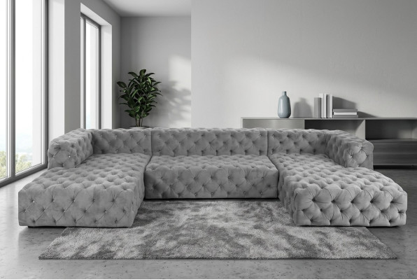 Chesterfield U tvar pohovka šedá XXL velká textil látka sedačky luxusní nábytek čalounění