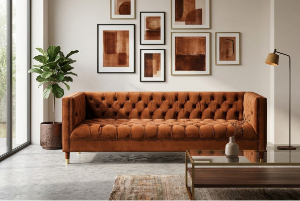 Oranžová pohovka Chesterfield Couch textilní látka pohovky luxusní nábytek 4-místná