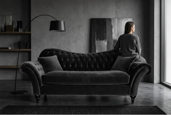 Couchen Polster Sofa Sofas Chesterfield Schwarz Dreisitzer Stoff Wohnzimmer Neu