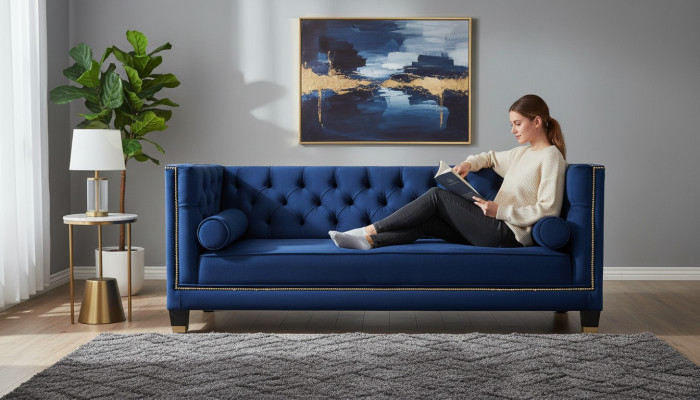 Modré třísedadlové pohovky Chesterfield z látky pro design obývacího pokoje.