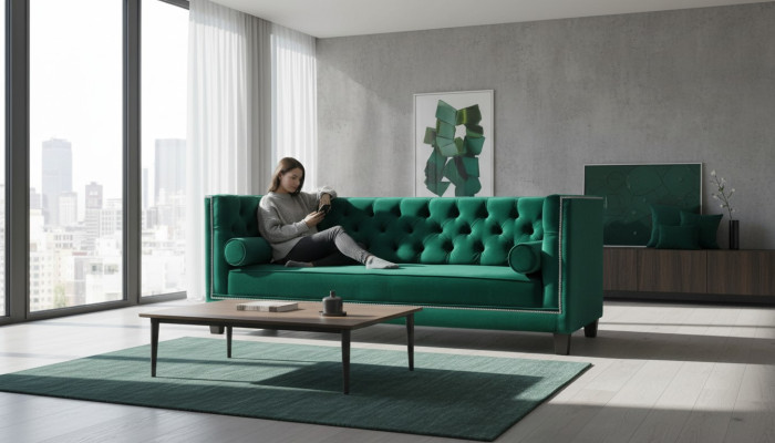 Luxus Grün Chesterfield Samt Dreisitzer Polster Möbel Hotel Wohnzimmer Praxis