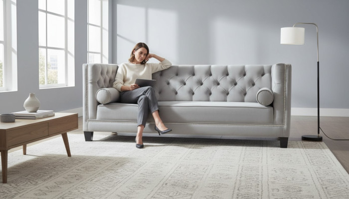 Luxus Grau Chesterfield Samt Dreisitzer Polster Möbel Hotel Wohnzimmer Praxis