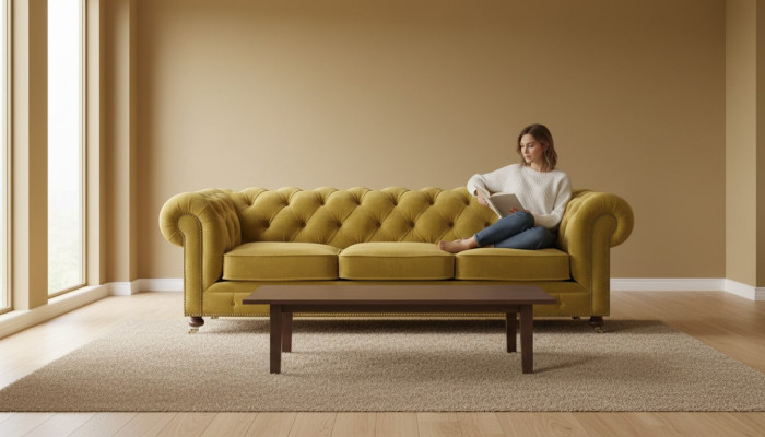 Luxus Gelb Chesterfield Samt Dreisitzer Polster Möbel Hotel Wohnzimmer Praxis