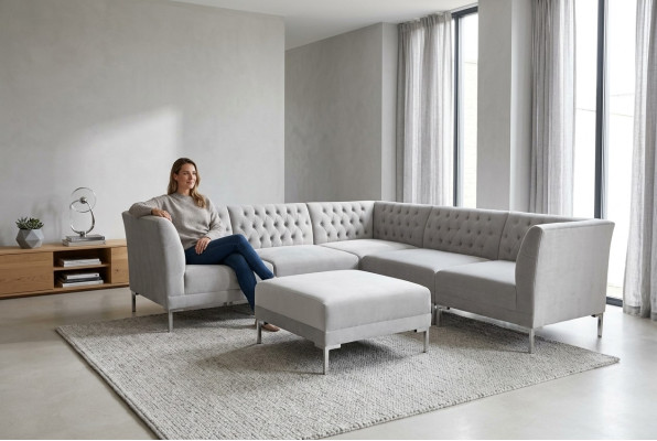 Ecksofa Hocker Grau Big Textill Stoff Chesterfield Sofas Möbel Fußhocker Sofas