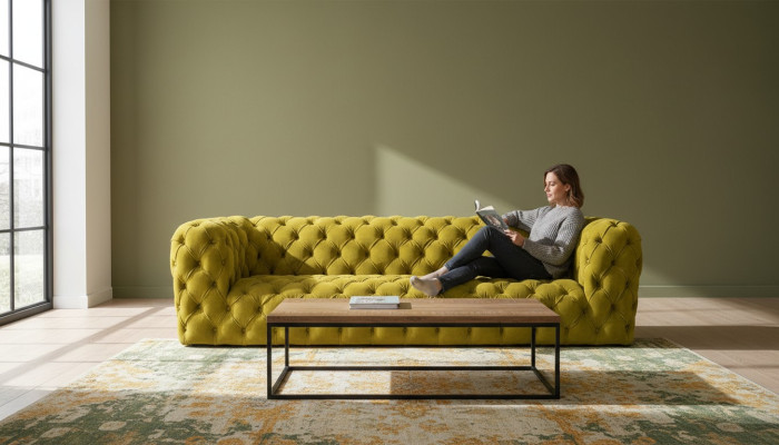 Gelbe Chesterfield Couch Viersitzer xxl big sofa gemütliche couchen weich neu