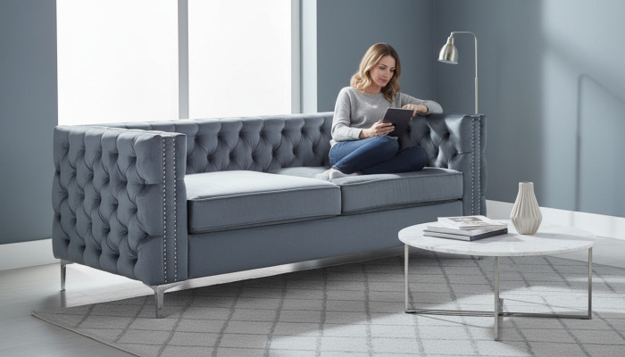 Graue Chesterfield Couch Luxus Samt Stoff Couchen Sofa Set Knöpfe Polster Neu