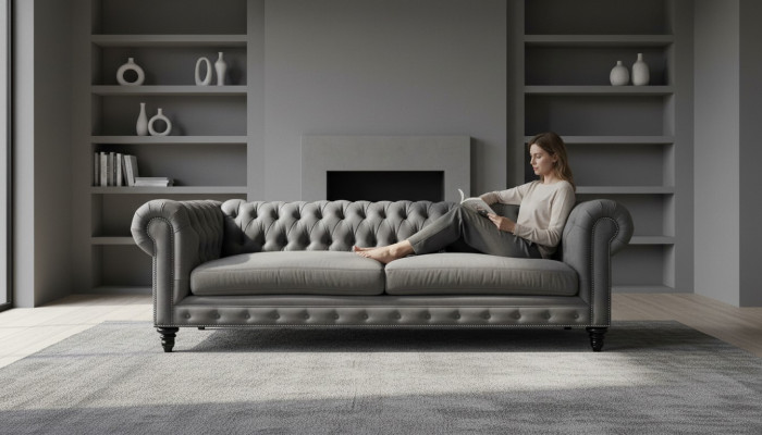 Dreisitzer Chesterfield Kreative Möbel Textil Stoff Grau Neu Wohnzimmer Modern