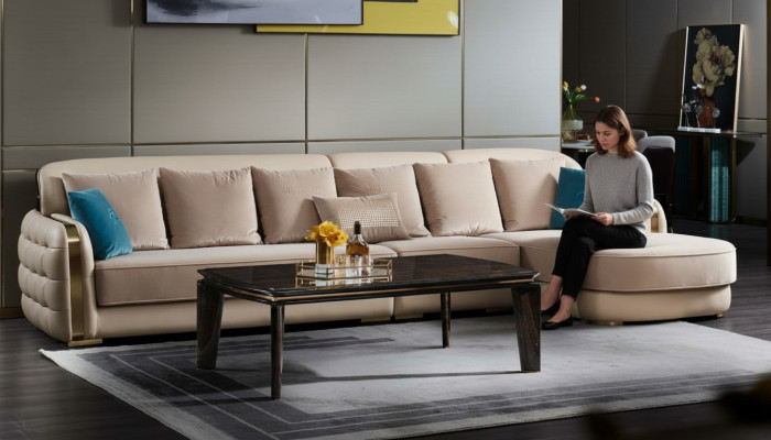 Rohová sedací souprava z kůže Beige Luxus Wohnlandschaft Couch Corner Suite Sofas nábytek Design