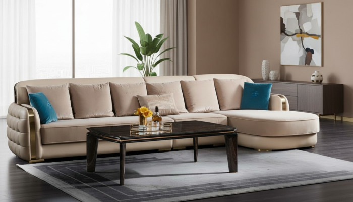 Rohová sedací souprava z kůže Beige Luxus Wohnlandschaft Couch Corner Suite Sofas nábytek Design