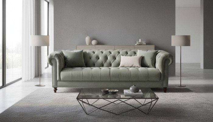 Salbeigrün Dreisitzer Stoff Wohnzimmer Design Polster Sofa Sofas Chesterfield