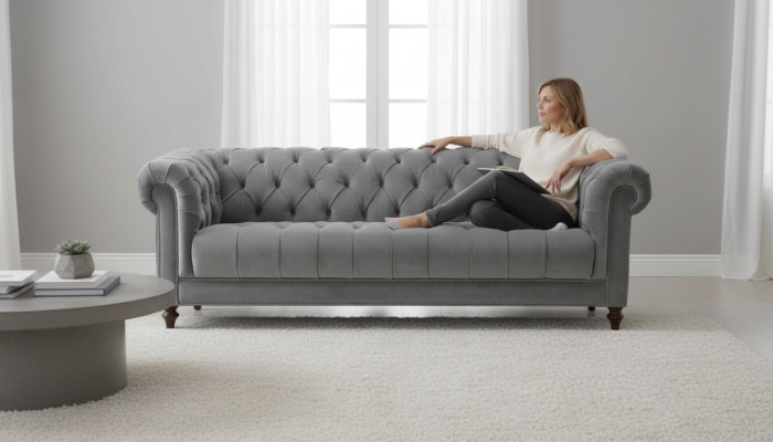 Dreisitzer Grau Stoff Wohnzimmer Design Couchen Polster Sofa Sofas Chesterfield