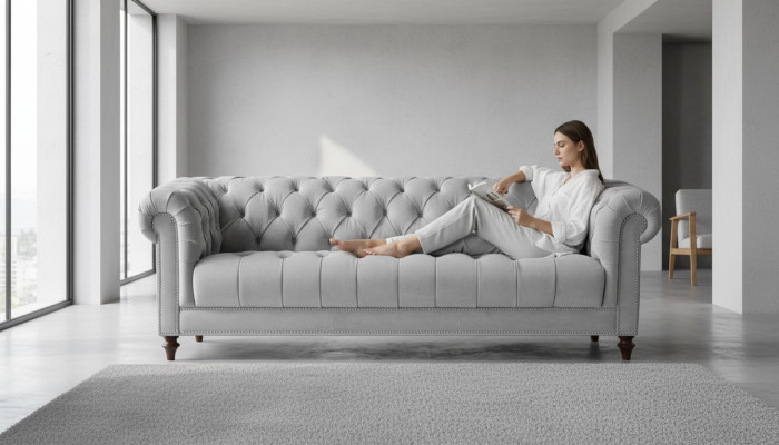 Hellgrau Dreisitzer Chesterfield Neu Stoff Wohnzimmer Couchen Polster Sofa Sofas