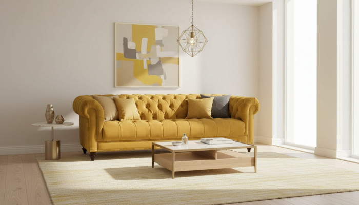 Gelb Dreisitzer Stoff Wohnzimmer Design Couchen Polster Sofa Sofas Chesterfield