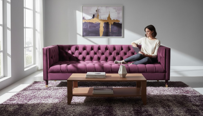 Burgund třísedák látková obývací souprava design pohovka polštářová sofa Chesterfield nová.