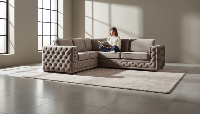 Chesterfield pohovka luxusní samet látka pohovky sedací souprava knoflíky čalounění nová béžová.
