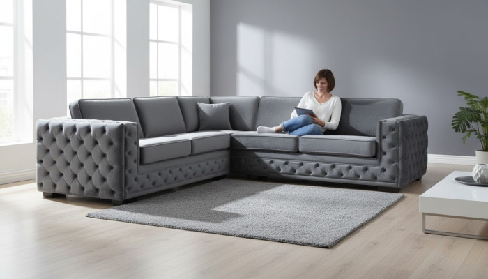 Ecksofa Grau Ecken Samt Möbel Design Wohnlandschaft Couch Eckgarnitur Polster