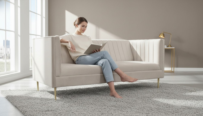 Italský nábytek třímístná moderní designová pohovka textilní látka samet béžová.