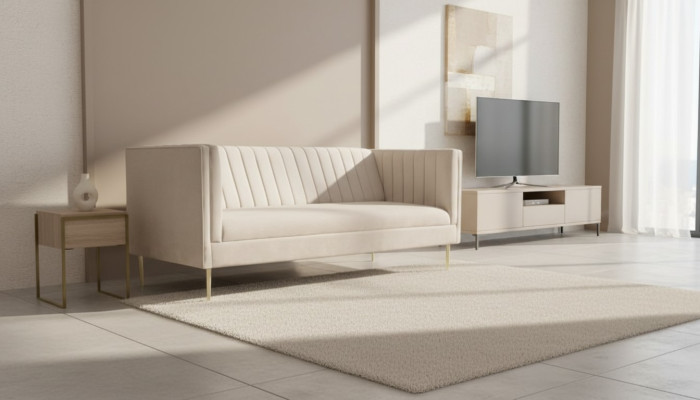 Italský nábytek třímístná moderní designová pohovka textilní látka samet béžová.