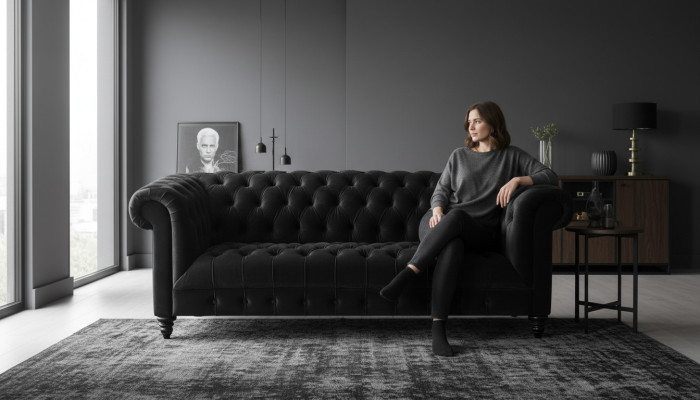 Schwarze Samt Couch Luxus Polster Chesterfield Möbel Sofa mit Knöpfen Dreisitzer