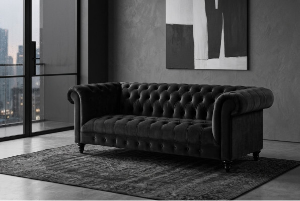Schwarze Samt Couch Luxus Polster Chesterfield Möbel Sofa mit Knöpfen Dreisitzer