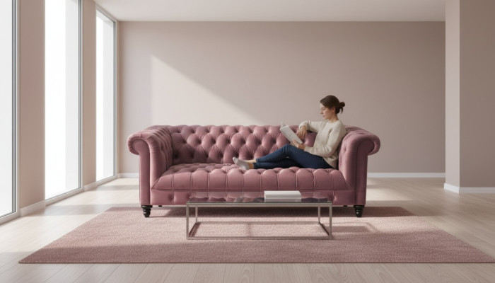 Fuchsiový sametový gauč Luxusní čalouněné Chesterfield nábytek, pohovka s knoflíky pro tři osoby