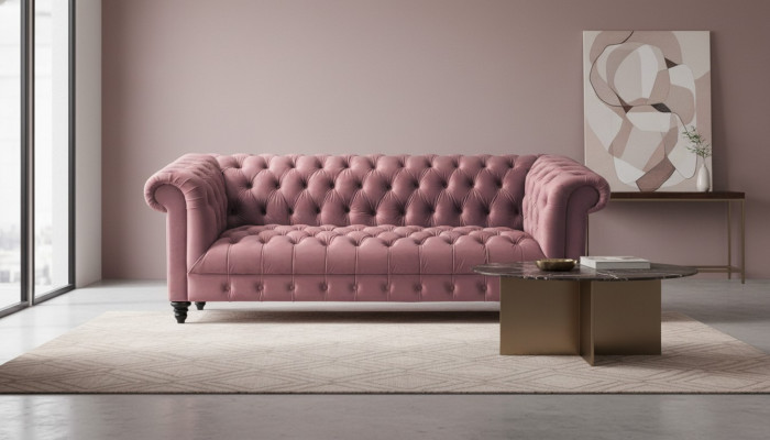 Fuchsiový sametový gauč Luxusní čalouněné Chesterfield nábytek, pohovka s knoflíky pro tři osoby
