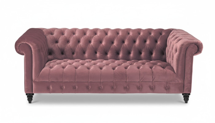 Fuchsiový sametový gauč Luxusní čalouněné Chesterfield nábytek, pohovka s knoflíky pro tři osoby