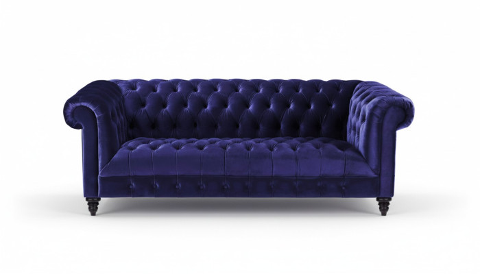Chesterfield fialová sametová pohovka Luxusní třísedák se tlačítky