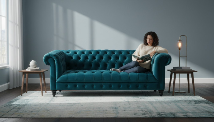 Chesterfield Turkis Samt Couch Luxus Polster Möbel Sofa mit Knöpfen Dreisitzer
