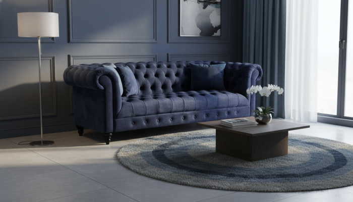 Navy Blau Dreisitzer Stoff Chesterfield Design Couchen Polster Sofa 220cm Neu