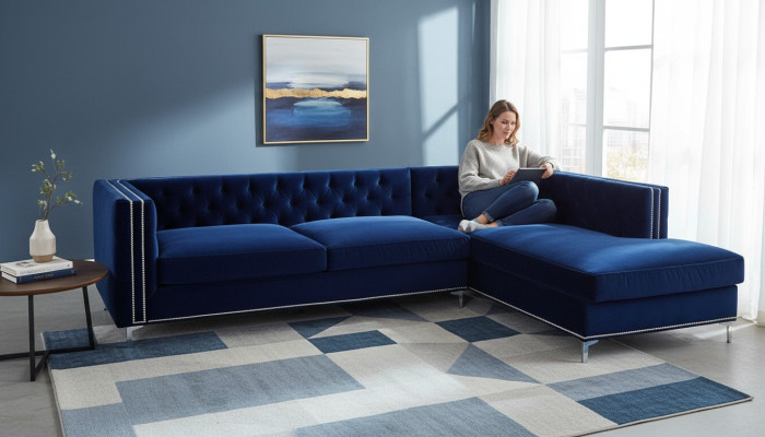 Ecksofa Blau Wohnlandschaft xxl Möbel Design Couch Eckgarnitur Polster big Chesterfield