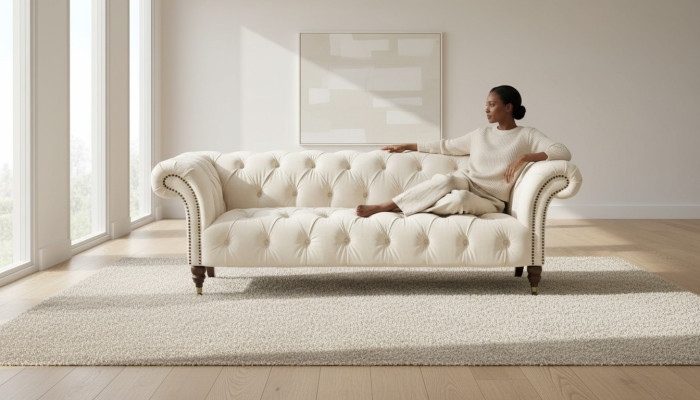 Beige Chesterfield Dreisitzer Modern Design Couchen Stoff Sofa designer Möbel