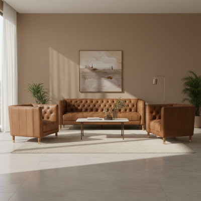 Braune Samt Chesterfield 2 Sessel Leder Modern Design Möbel Sofa Set Sofas Neu