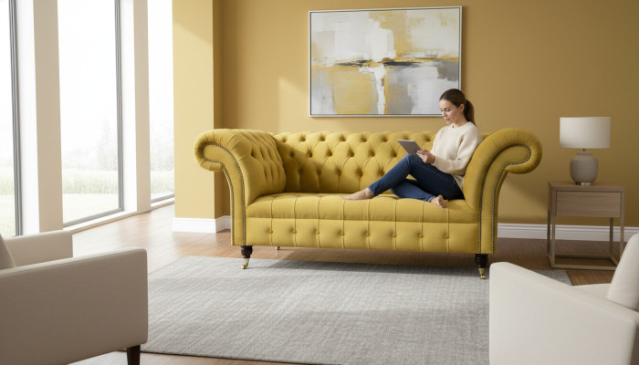Chesterfield Design Luxus Polster Sofa Couch 2 Sitzer Garnitur Textil Gelb Neu