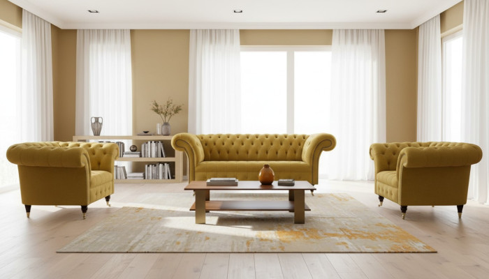 Chesterfield Design Luxus Polster Sofa Couch 2 Sitzer Garnitur Textil Gelb Neu