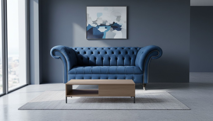 Design Chesterfield Sofagarnitur 2 Sitzer Couch Textil Blau Polster Sofas Blaue