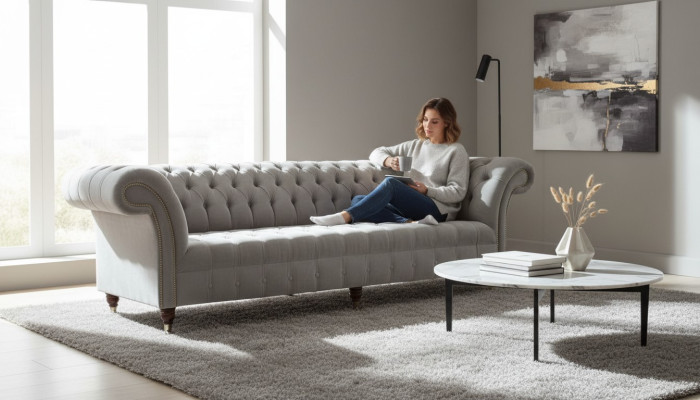 Graue Big Sofa Couch Chesterfield 265cm Polster Sofas 4 Sitzer Leder