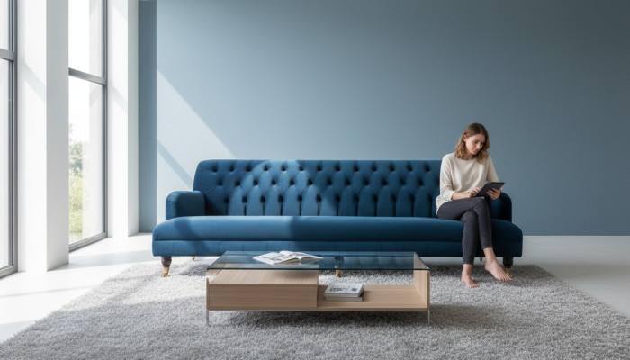Velká pohovka Chesterfield délka 250 cm, 4 místná kůže textil modrá.