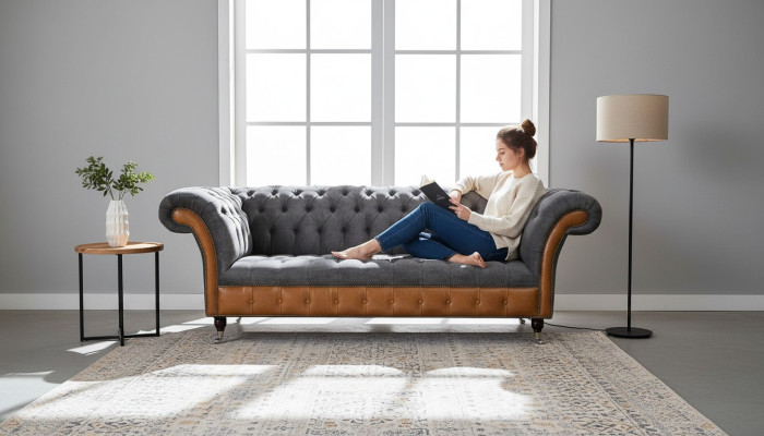 Chesterfield Sofa Couch Polster 3 Sitzer Grau Textil Stoff Graue Couchen