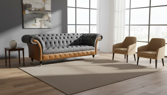Chesterfield Sofa Couch Polster 3 Sitzer Grau Textil Stoff Graue Couchen