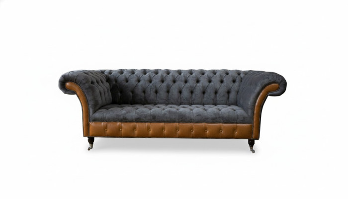 Chesterfield Sofa Couch Polster 3 Sitzer Grau Textil Stoff Graue Couchen