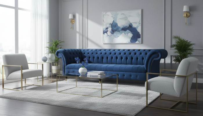 Design Sofa 4 er Couch Textil Polster Blau Klassische Sofas Chesterfield Neu