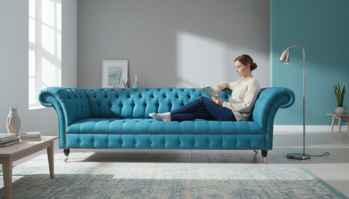 Blaue xxl Big Sofa Couch Chesterfield 265cm Polster Sofas 4 Sitzer Samt Textil