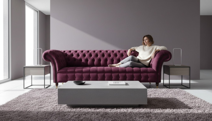 Sofa 3 Sitzer Chesterfield Sofas Couchen Wohnzimmer Design Textil Stoff Bordaux